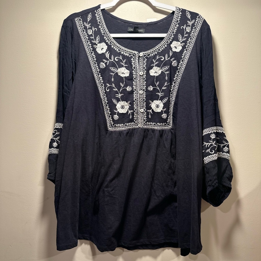 Lane Bryant Blouson-Sleeve Henley Embroidered Top Loose/Relaxed in Night Sky NWT - Picture 6 of 16